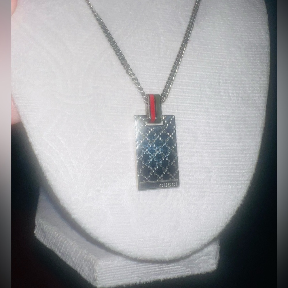 Gucci Silver-Tone Rectangular Pendant Necklace Wi… - image 2